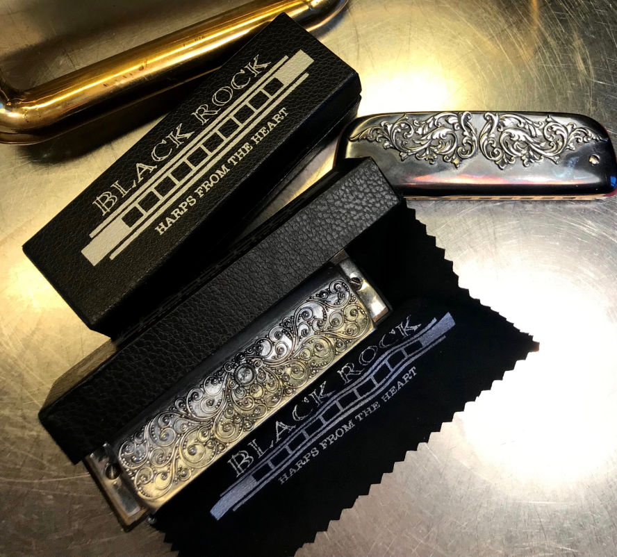 Custom Black Rock harmonicas with box